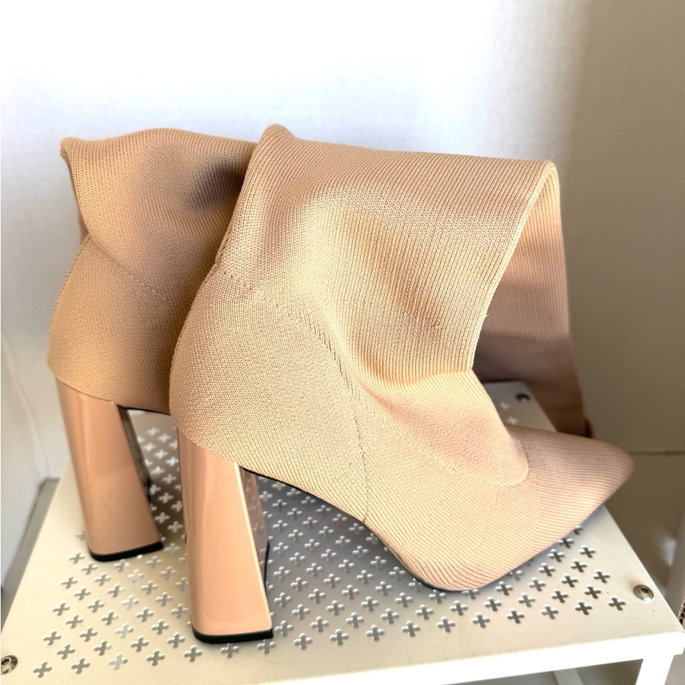 Beige Knit Stretch Thigh-High Boots Size 8 Block 4”Heel Cuffed Pull On - Picture 4 of 6